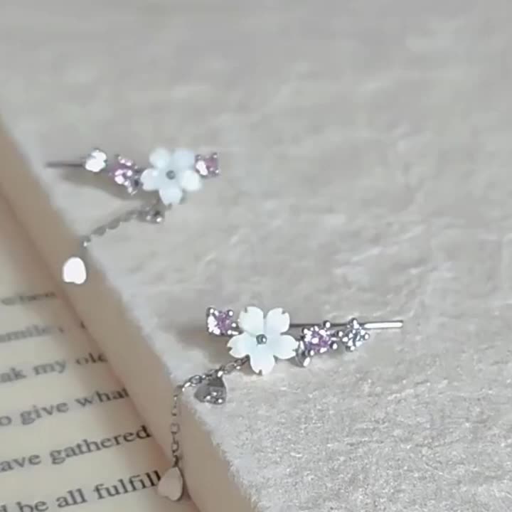2pcs Women's S925 Sterling Silver Cherry Blossom Tassel Earrings